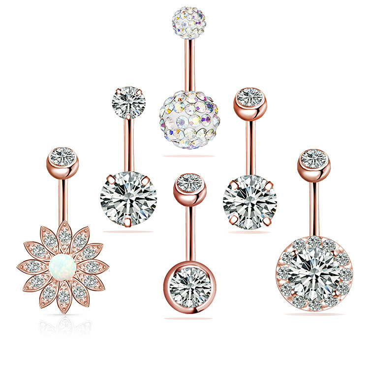 Opal Navel Ring 6 Set Silver Zircon Belly Button Piercing Jewelry Stainless Steel - Image 2