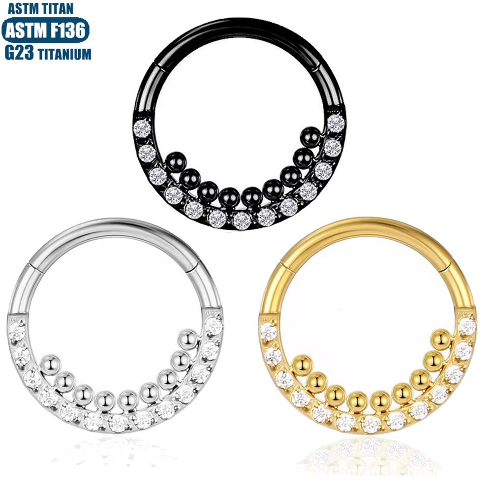 F136 Titanium Alloy Nose Ring Earrings with Zircon Inlaid Beads, Hinged Piercing Nose Ring, Septum Ring with Diamonds - Image 5