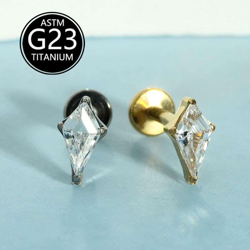 G23 Titanium Alloy Rhombus Threaded Zircon Earrings Lip Stud Earrings Cross-Border Manufacturer Body Piercing Jewelry - Image 3
