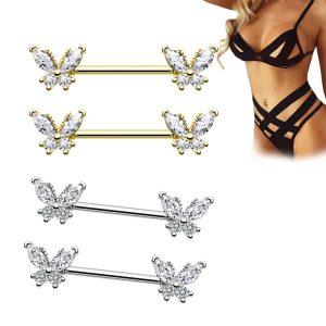 Butterfly White Zircon Nipple Ring Stainless Steel Simple Style Body Jewelry Pair