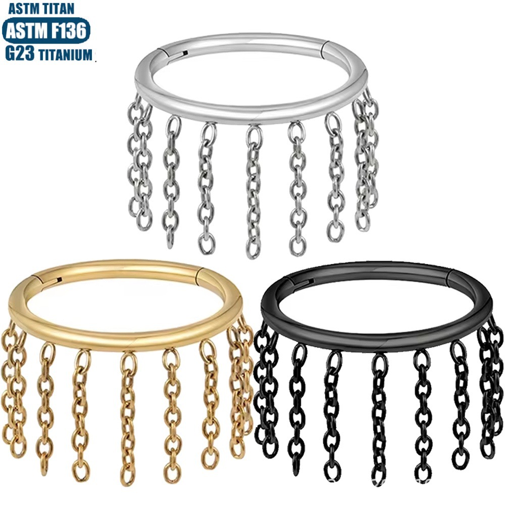 F136 Titanium Alloy Chain Nose Ring Diamond Septum Ring Tragus Tassel Earrings - Image 3