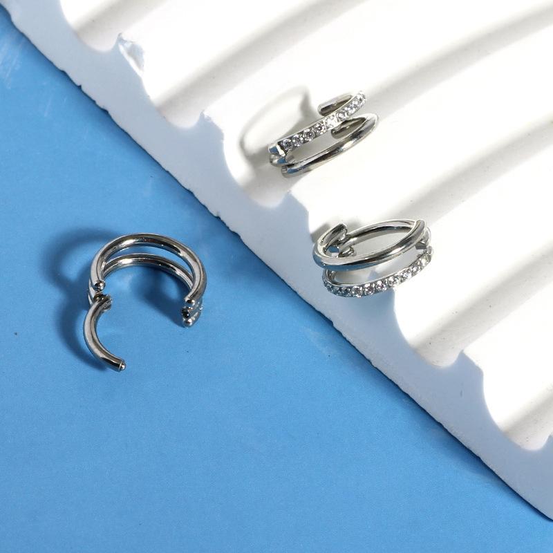 Double-Layer Diamond Nose Ring G23 Titanium Simple Open Hoop for Women and Men - Image 3