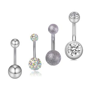 AliExpress 4-Piece Stainless Steel Navel Ring Set with Zircon Diamond Embossed, Belly Button Jewelry, Factory Direct, In Stock, Silver