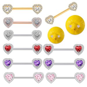 Cross-shaped Zircon Heart Breast Ring - 316L Surgical Steel Body Jewelry for Nipple, Ear, Tongue Piercing - Silver Red Gem Pair