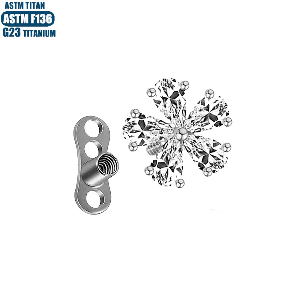 G23 Titanium Five-Leaf Clover Zircon Dermal Anchor Internal Thread Body Piercing Jewelry - Image 4