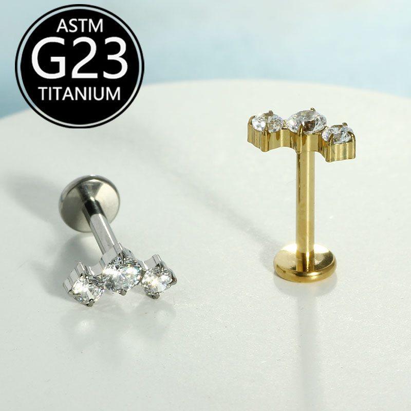 G23 Titanium Lip Stud with Zircon, Internally Threaded Piercing Jewelry, Cartilage Ear Bone Stud, Direct Manufacturer - Image 3