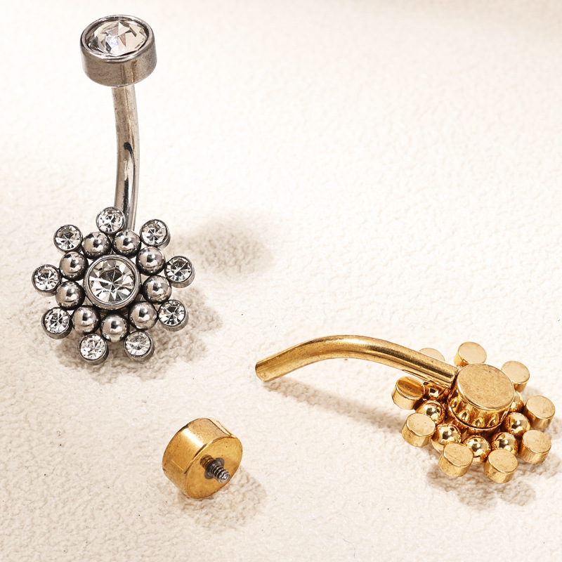 European American Fashion Belly Button Ring Zircon Navel Jewelry Stainless Steel Flower Design Gold 2024 Spring - Image 4