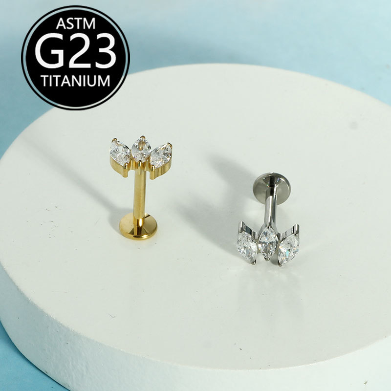 F136 Titanium Three Marquise Diamond Super Flash Zircon Earrings Lip Nails Cross-Border Manufacturer G23 Titanium Body Piercing Jewelry - Image 3