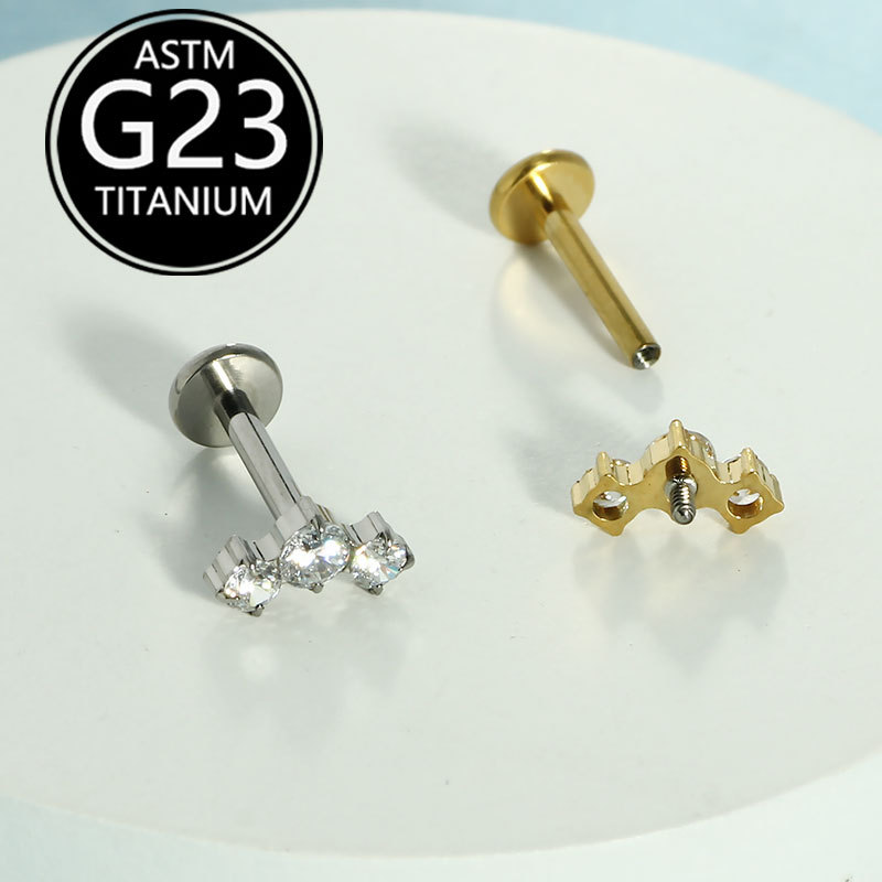 G23 Titanium Lip Stud with Zircon, Internally Threaded Piercing Jewelry, Cartilage Ear Bone Stud, Direct Manufacturer - Image 4