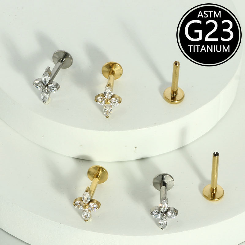 G23 Titanium Lip Piercing 6-10mm with Zircon Flower Design Ear Studs, Cartilage Studs, Factory Wholesale - Image 4