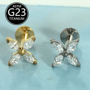 G23 Titanium Four-Petal Marquise Zircon Lip Labret Stud Unisex Elegant Versatile Lip Piercing Jewelry