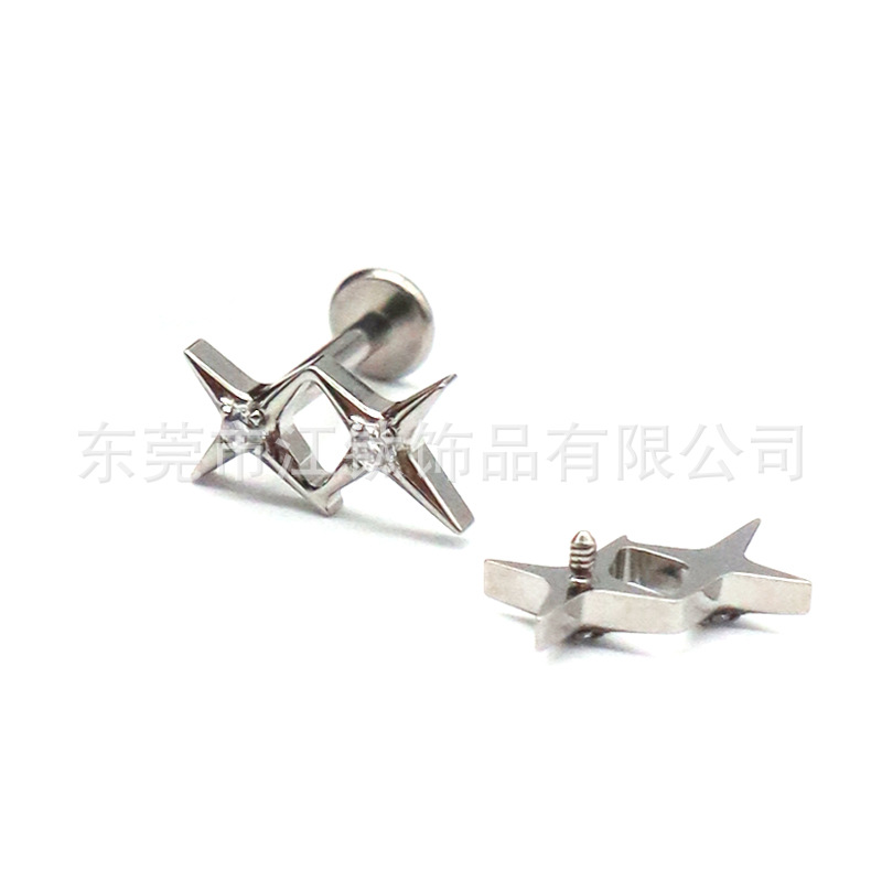 F136 Titanium Gemini Zircon Ear Nail Double Four Star Cross-border G23 Titanium Alloy Human Puncture Jewelry Ear Bone Nail - Image 4