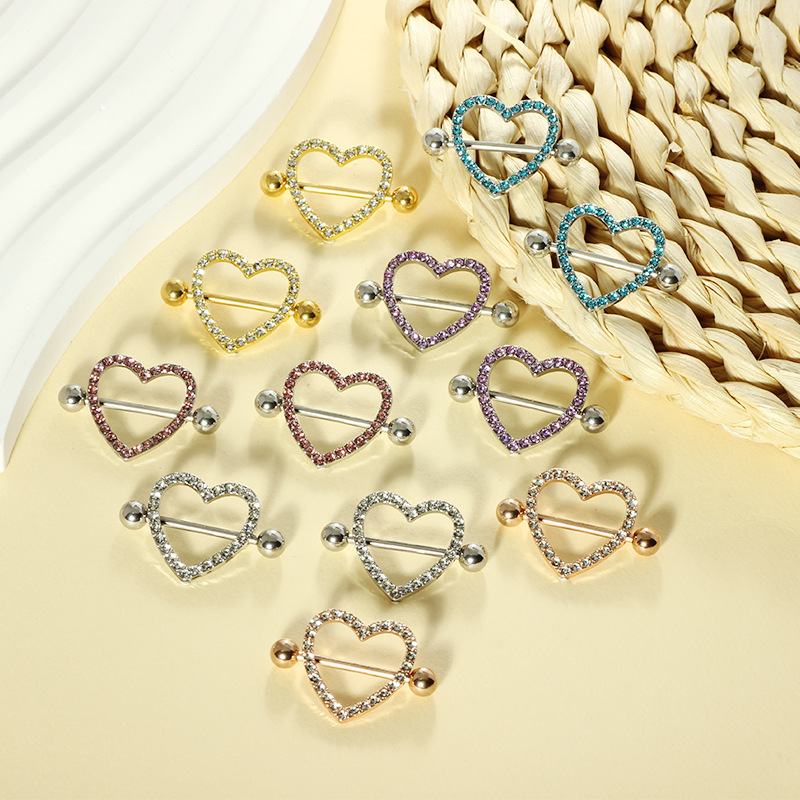 Double Diamond Love Heart Breast Piercing Ring - Seven Color Electroplated Stainless Steel Pair for Sale Wholesale - Image 2