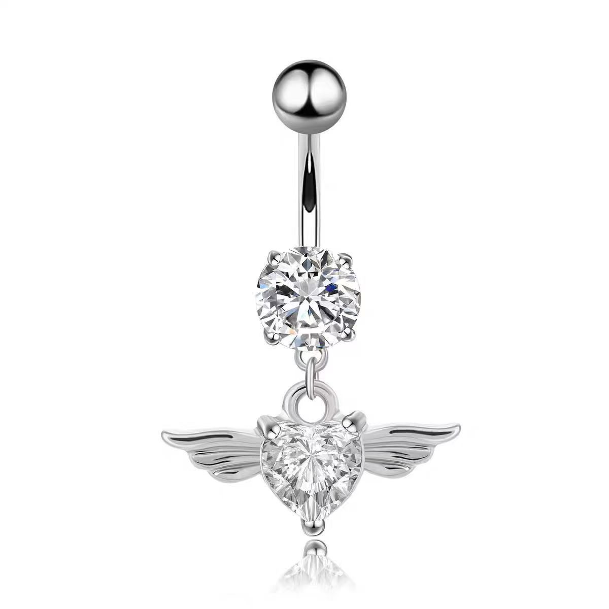 Angel Wings Heart-Shaped CZ Navel Ring Belly Button Piercing Jewelry Gold - Image 2