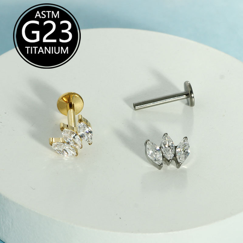 F136 Titanium Three Marquise Diamond Super Flash Zircon Earrings Lip Nails Cross-Border Manufacturer G23 Titanium Body Piercing Jewelry - Image 2