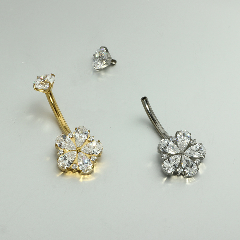 G23 Titanium Navel Nail Inlaid with Zircon Flower Body Piercing Jewelry - Wholesale - Image 2