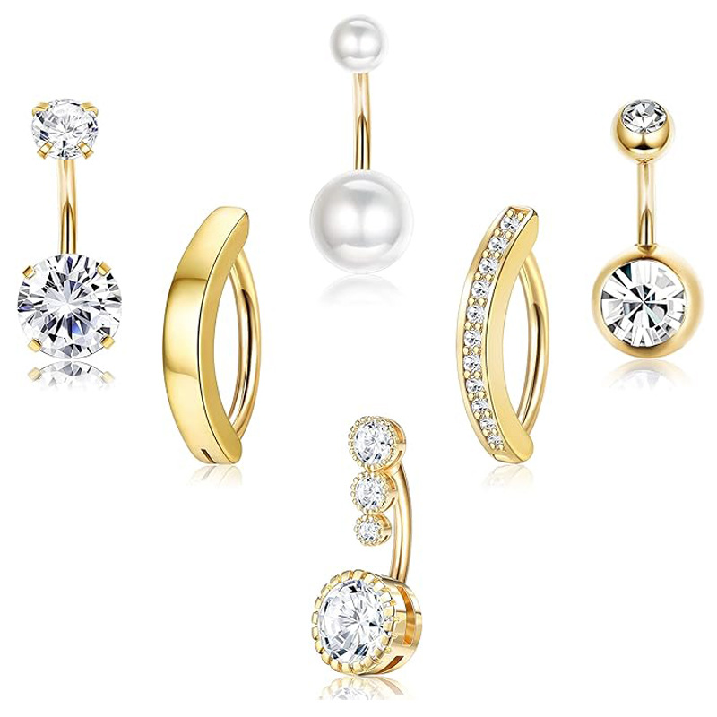 Stainless Steel Belly Button Ring Set - Inlaid Zircon Geometric Navel Ring, European American Style, Body Piercing Jewelry 6-Pack - Image 5