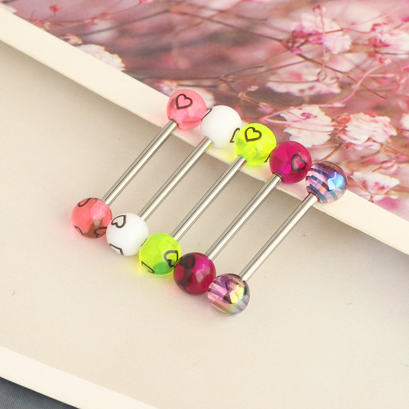 Stainless Steel Tongue Nail Love Double Round Ball Earring - Star Shape Purple Striped Body Piercing Jewelry Tongue Ring - Image 3