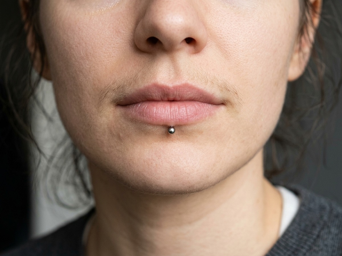 Labret lip stud piercing jewelry close-up